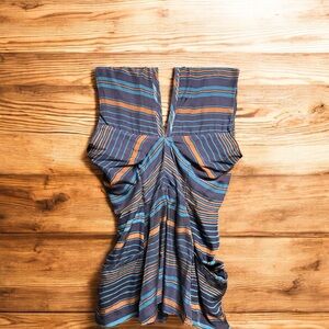 Aryn K 100% Silk Sleeveless V-Neck Blouse – Ruched Empire Waist – Blue/Teal/Rust